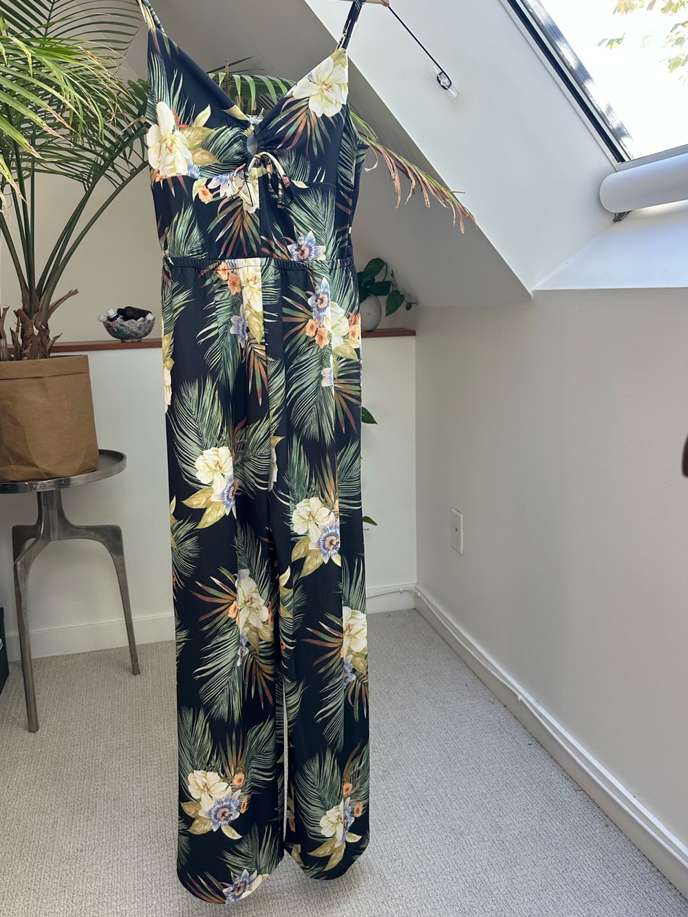 Tropical Floral Tie-Front Wide-Leg Jumpsuit in Black